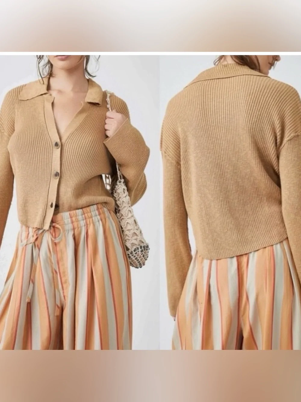 Free People Button-Front V-Neck Cardigan in Camel Brown - Picture 4 of 6